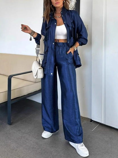 Fashionable Long Sleeve Solid Color Two-Piece Set with Straight-Leg Pants