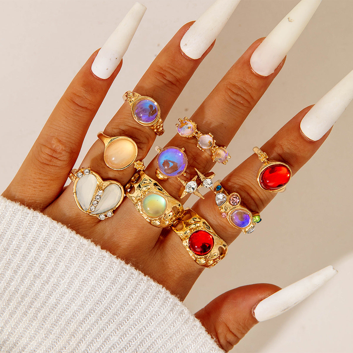 Heart Gemstone Ring Geometric Alloy Ring Set