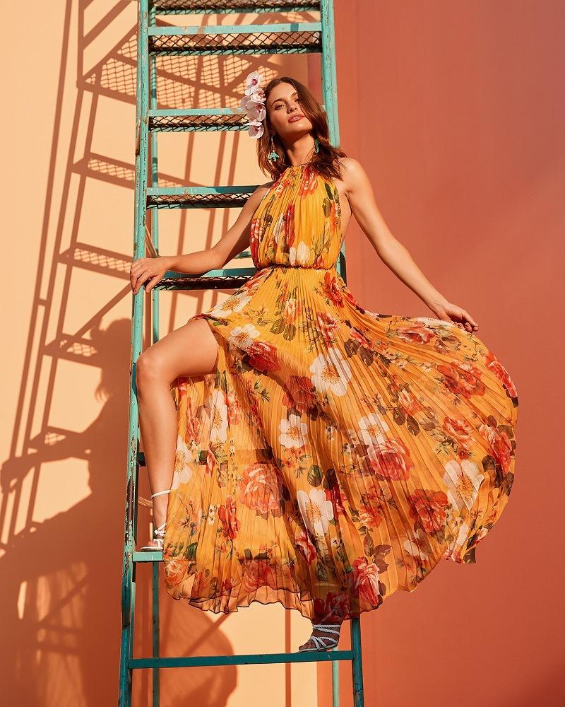 Hanging Neck Bare Back Broken Flowers Pleated Big Swing Chiffon Dress Sleeveless Dress