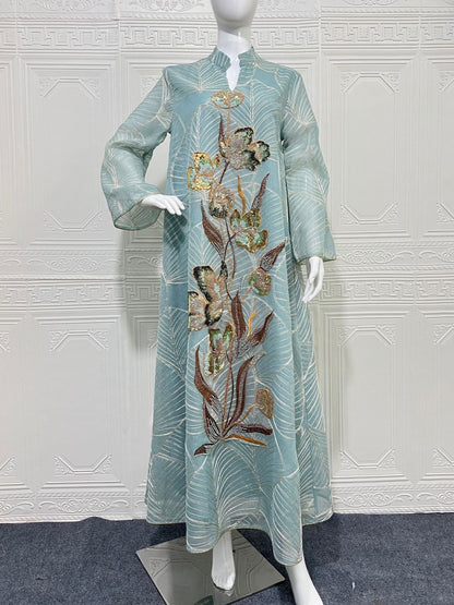 Embroidered Mesh Maxi Dress Elegant Muslim Abaya