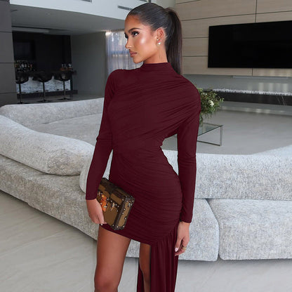 Trendy Slim Fit Round Neck Ruched Bodycon Dress with Long Sleeves