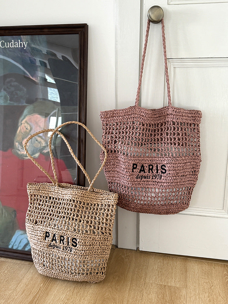 Letter Embroidery Straw Shoulder Bag Large Capacity Beach Tote