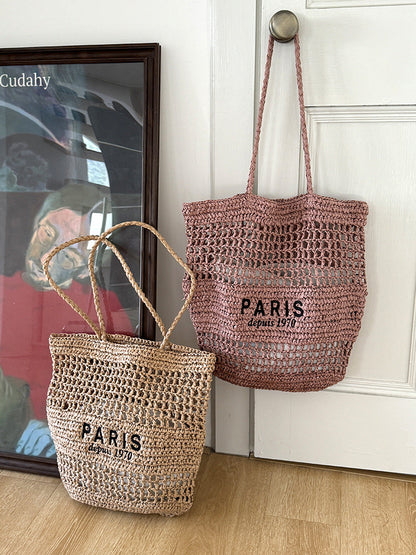 Letter Embroidery Straw Shoulder Bag Large Capacity Beach Tote