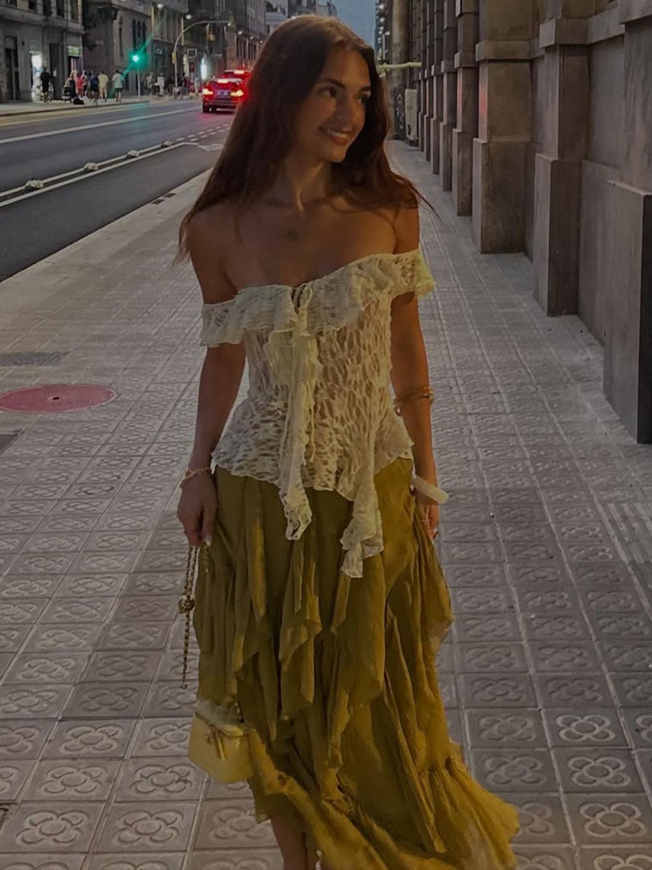 Asymmetrical Lace Trim Tie Top in Apricot