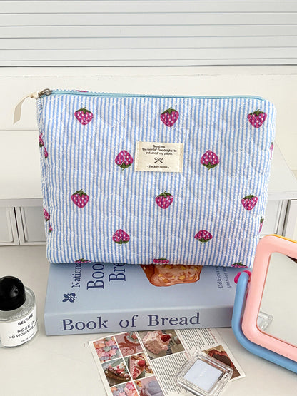 Blue Strawberry Striped Makeup Bag Quilted Portable Toiletry Bag