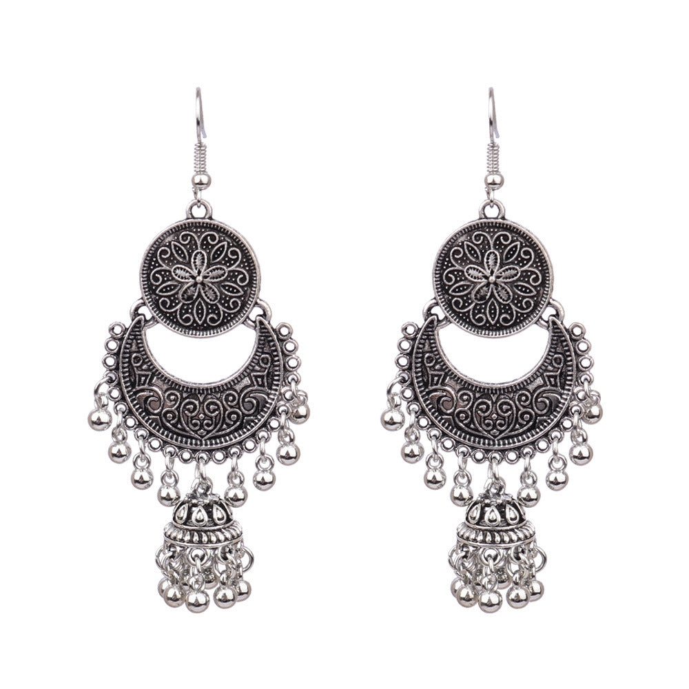 Bohemian Geometric Alloy Earrings with Bell Detail