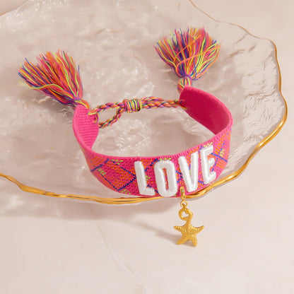 Adjustable Woven Bracelet with Rainbow LOVE Tassels