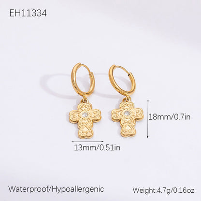Gold Hollow Cross Earrings with Zircon Stones