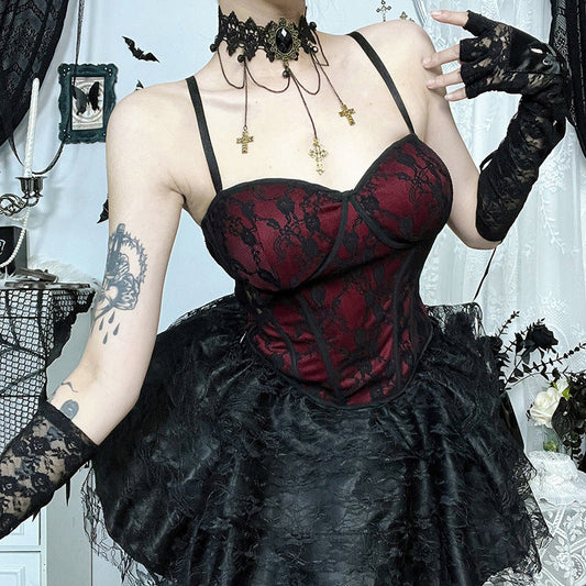 Dark Red Fishbone Tank Top Lace Goth Style Women