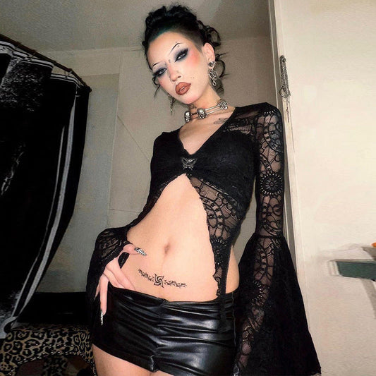 Sexy Lace V-Neck Crop Top with Flared Sleeves