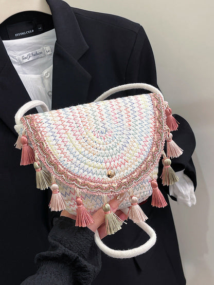 Trendy Woven Beach Bag with Tassels for Casual Use