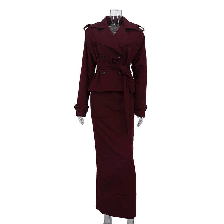 Chic Two-Piece Midi Skirt and Long Sleeve Trench Coat Set