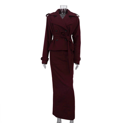 Chic Two-Piece Midi Skirt and Long Sleeve Trench Coat Set