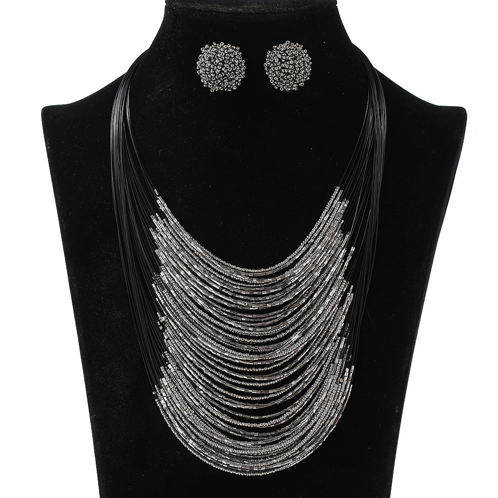 Bohemian Multi-Layer Beaded Necklace and Earring Set for Women