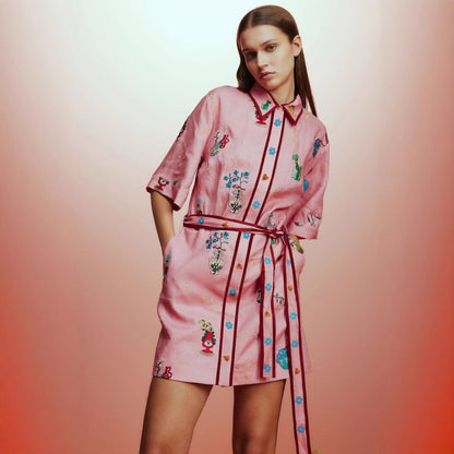 Linen Floral Midi Dress Elegant Casual Shirt Jacket
