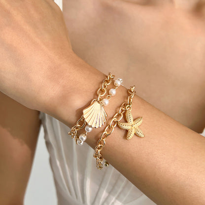Starfish Shell Pendant Necklace Layered Metal Chain Jewelry