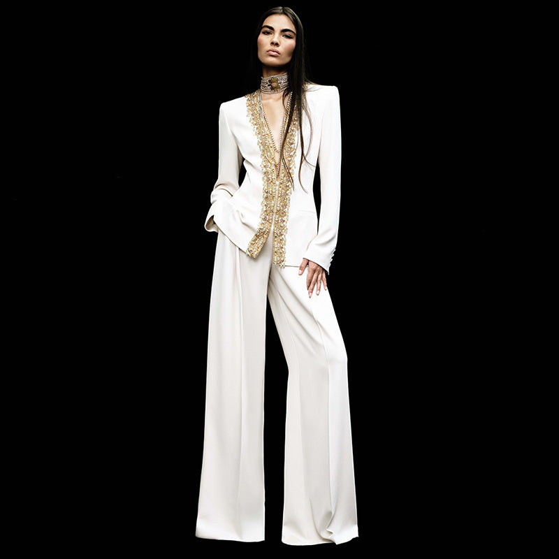 Fashionable Sequin Embellished Jacket And Pants Set