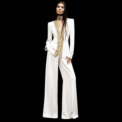 Fashionable Sequin Embellished Jacket And Pants Set