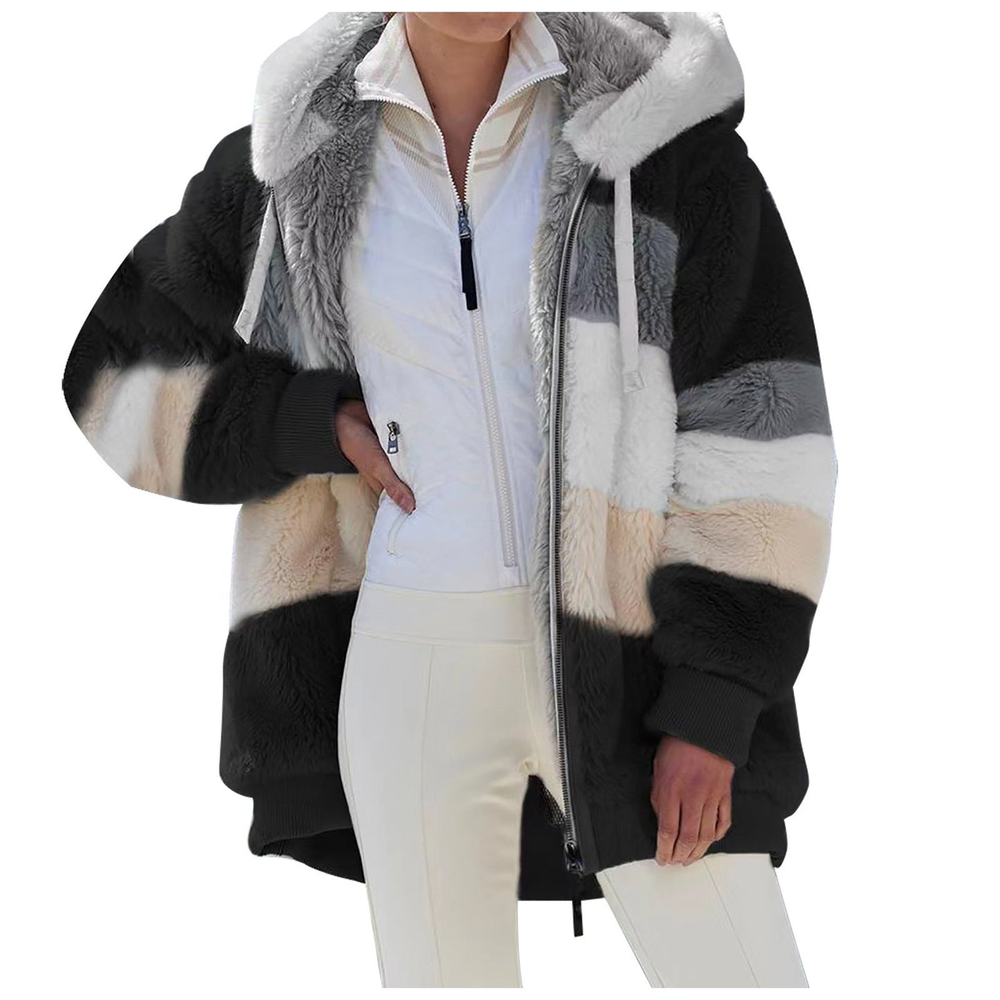 Autumn And Winter Warm Plush Patchwork Zipper Pocket Hooded Loose Coat Women