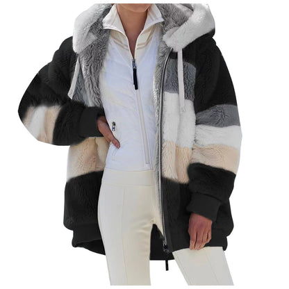 Autumn And Winter Warm Plush Patchwork Zipper Pocket Hooded Loose Coat Women