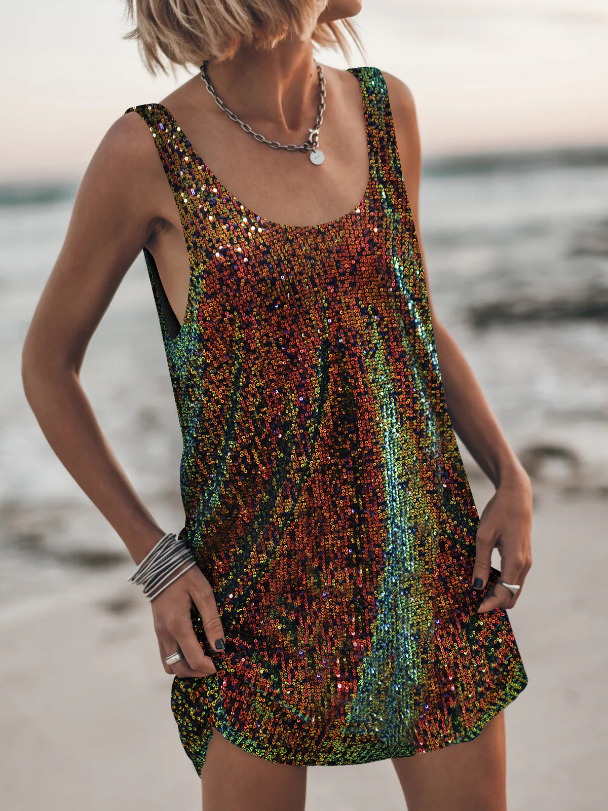 U-Neck Sleeveless Sparkly Backless Tank Dress Casual Chic