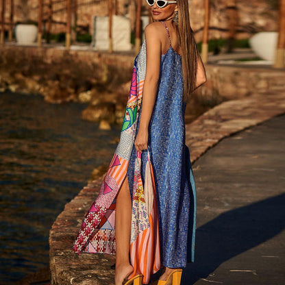 Hot Selling New Print V-Neck Strap Dress Seaside Beach Skirt