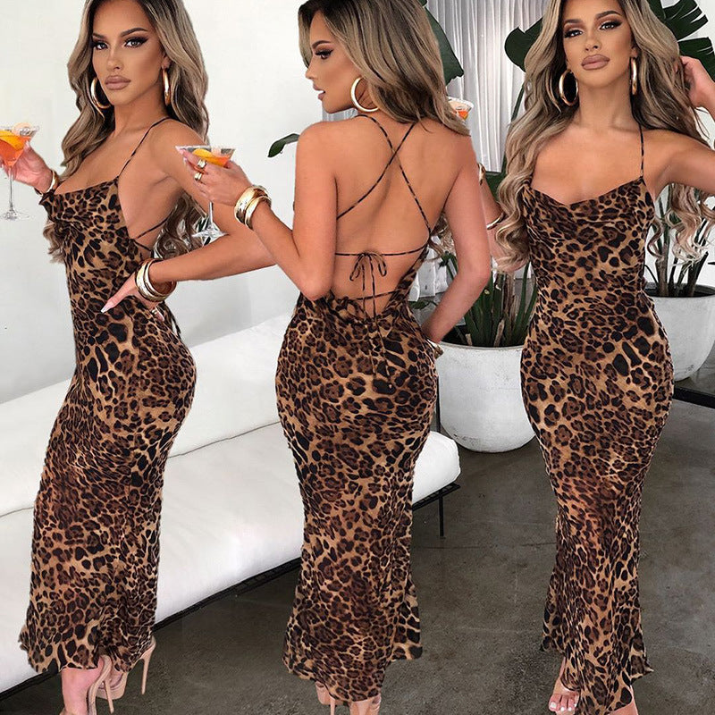 Leopard Print Backless Bodycon Midi Dress