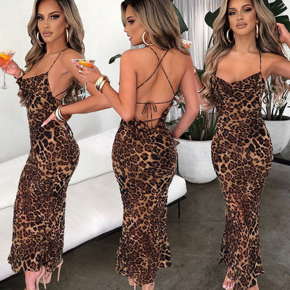 Leopard Print Backless Bodycon Midi Dress