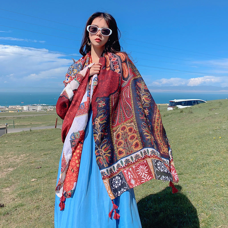 Retro Ethnic Style Scarf Grassland Sunscreen Shawl Women'S Summer Thin Scarf Beach Scarf