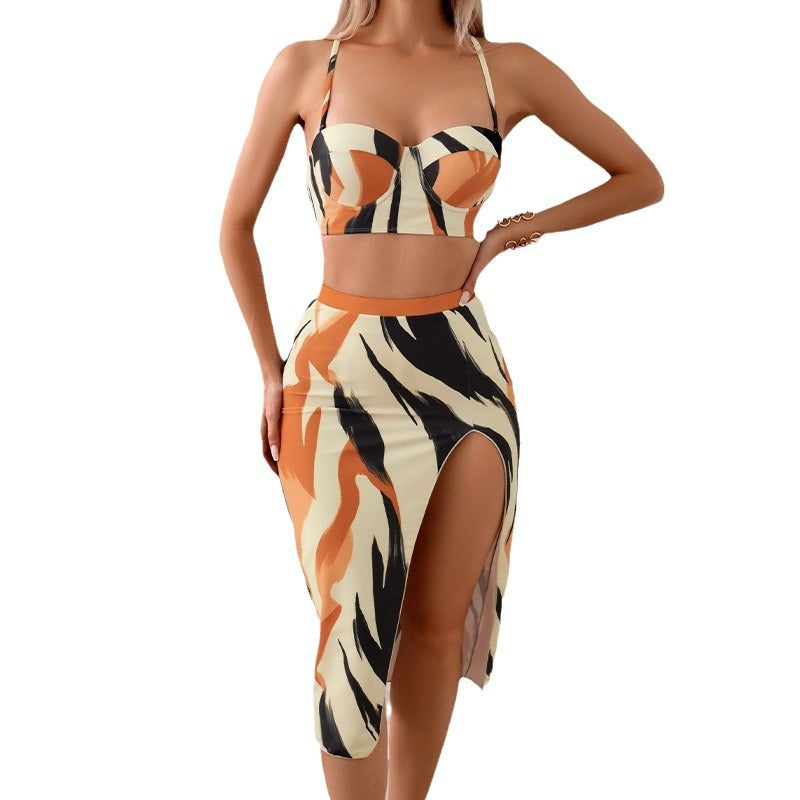 Women’S Three-Piece Print Bikini Set With Long Skirt