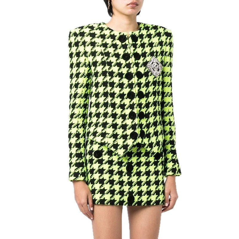 Fluorescent Green Houndstooth Jacket with Logo Embellishments
