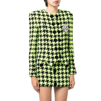 Fluorescent Green Houndstooth Jacket with Logo Embellishments