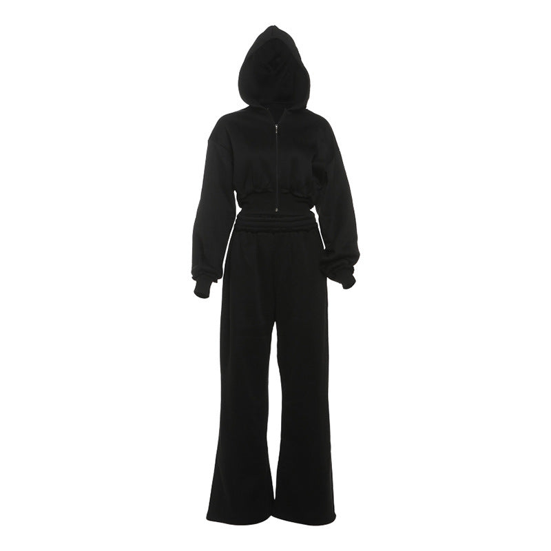 Crop Hooded Jacket And High-Waisted Wide-Leg Pants Set