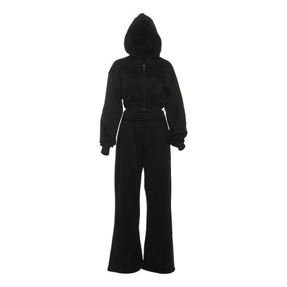 Crop Hooded Jacket And High-Waisted Wide-Leg Pants Set