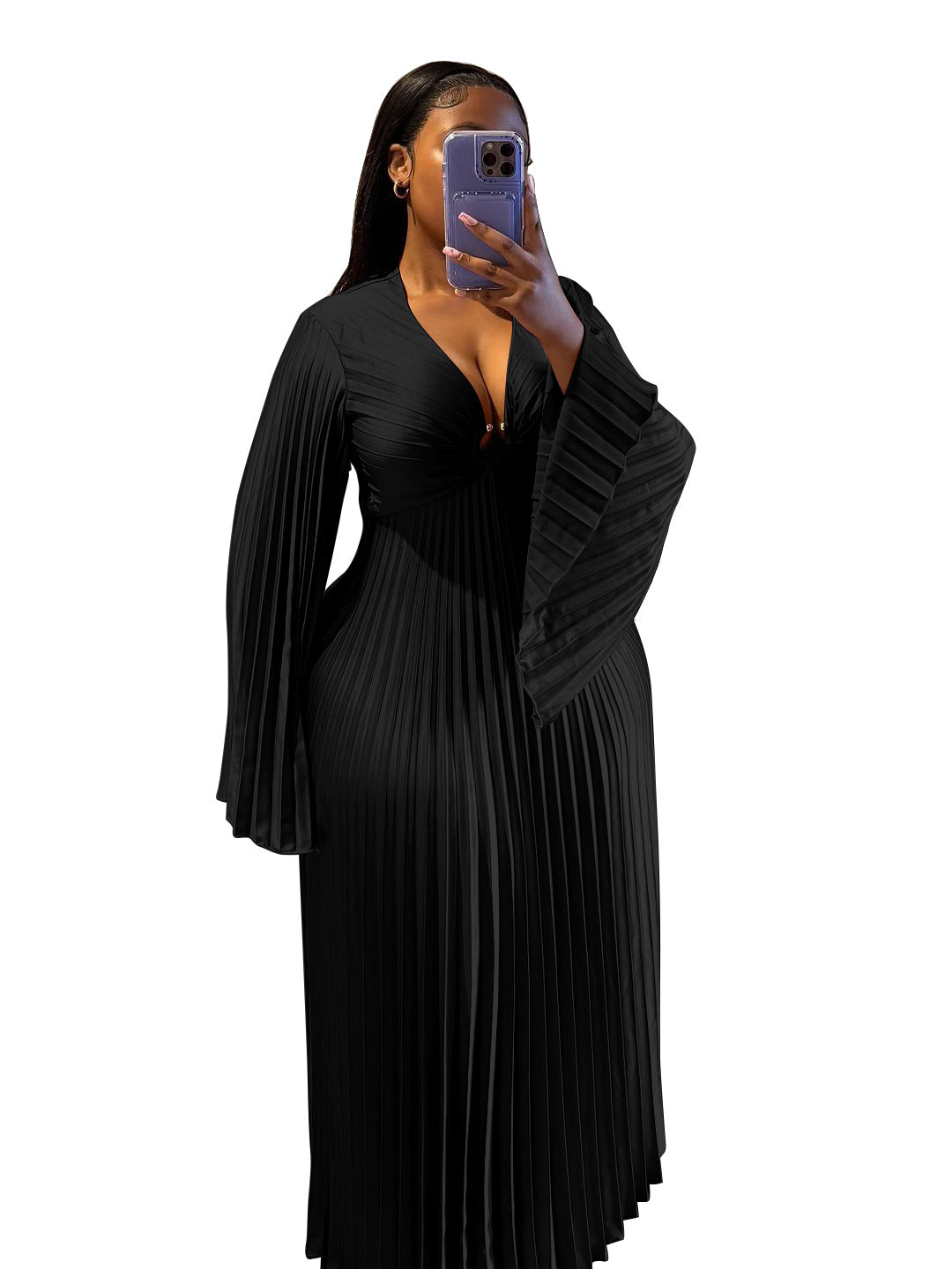 Elegant Solid V-Neck Long Sleeve Dress For Women