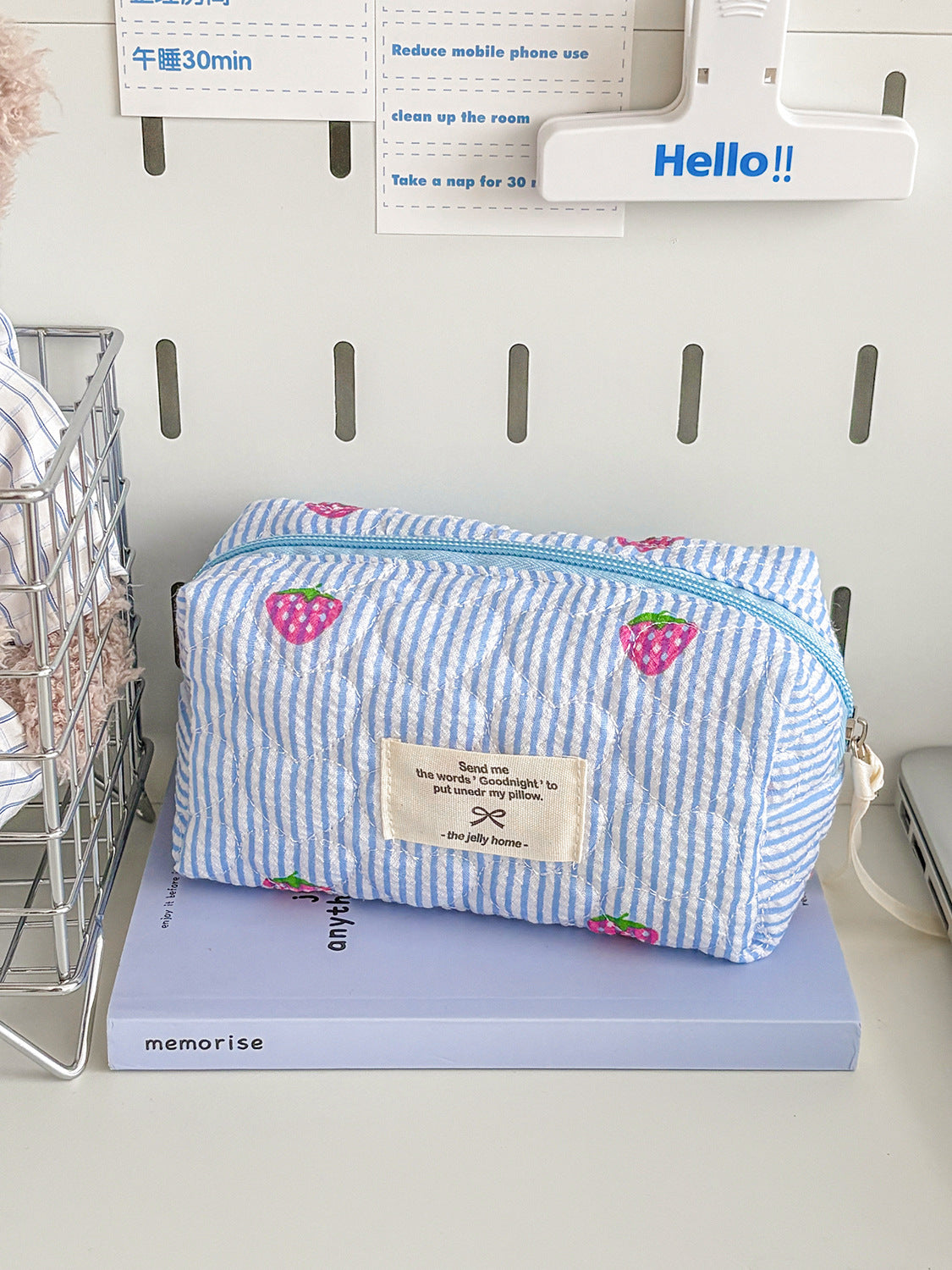 Blue Strawberry Striped Makeup Bag Quilted Portable Toiletry Bag