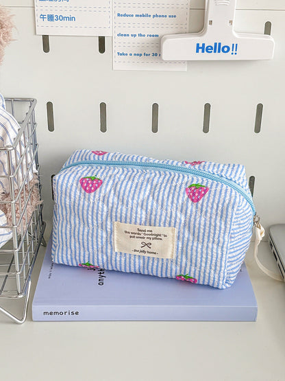 Blue Strawberry Striped Makeup Bag Quilted Portable Toiletry Bag