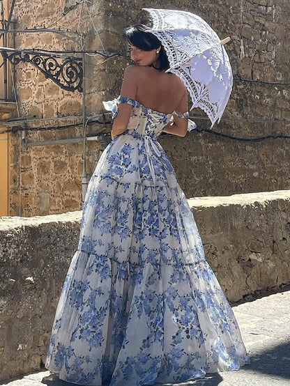 Elegant Off-Shoulder Maxi Dress with 3D Floral Design