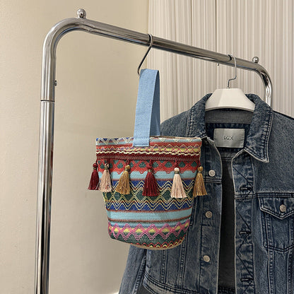 Vintage Ethnic Style Women's Bucket Bag with Embroidery and Tassels