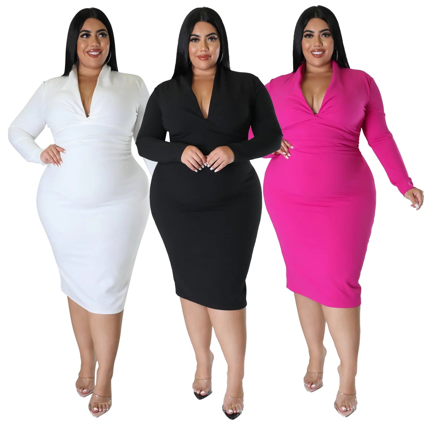 Casual V-Neck Long Sleeve Dress In Solid Colors