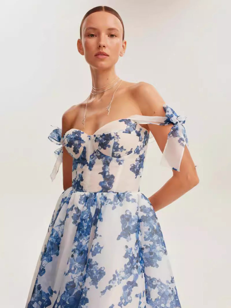 Off-Shoulder Elegant A-Line Evening Dress in Blue and Pink