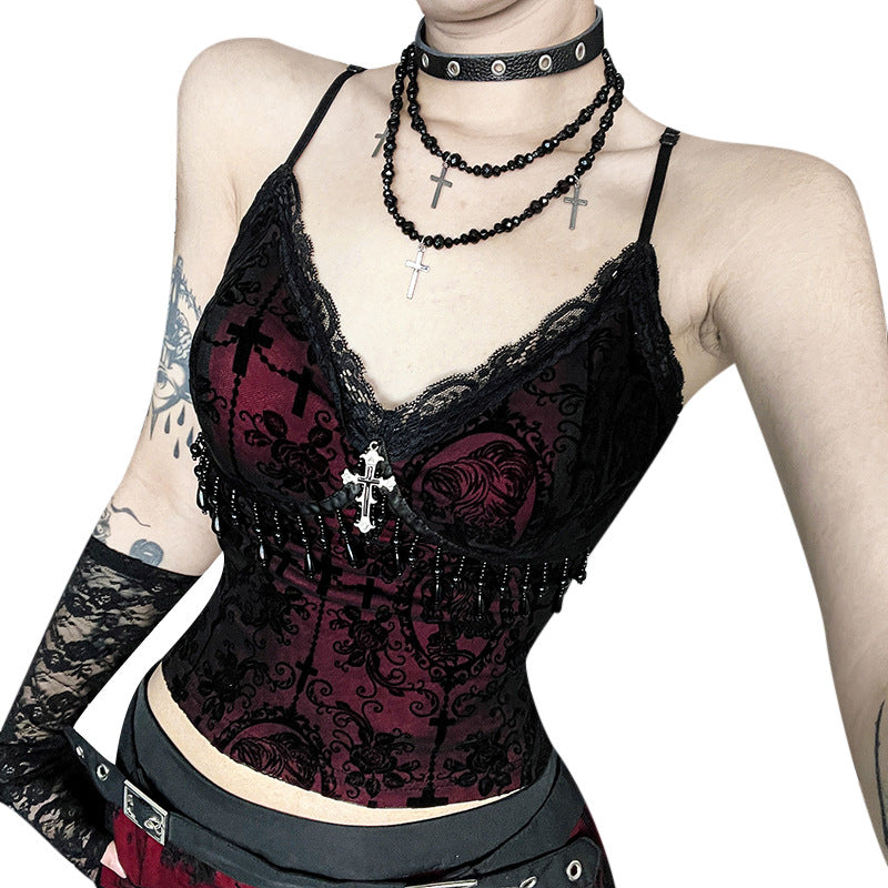 Cross Print Velvet Cami Top Chic Streetwear Style for Women