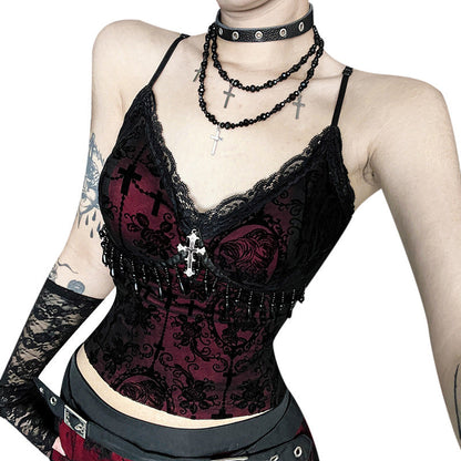 Cross Print Velvet Cami Top Chic Streetwear Style for Women