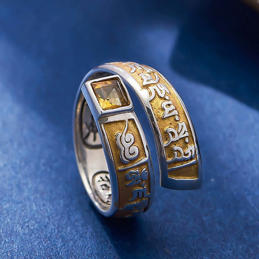 Six Characters Mantra Enamel Yellow God Of Wealth Imitation Sterling Silver Ring Men'S And Women'S Tibetan Retro Ethnic Style