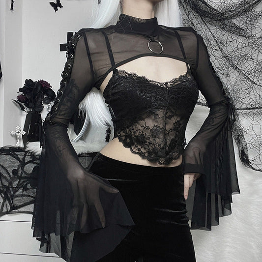 Black Sheer Mesh Long Sleeve Top with Ruffled Sleeves