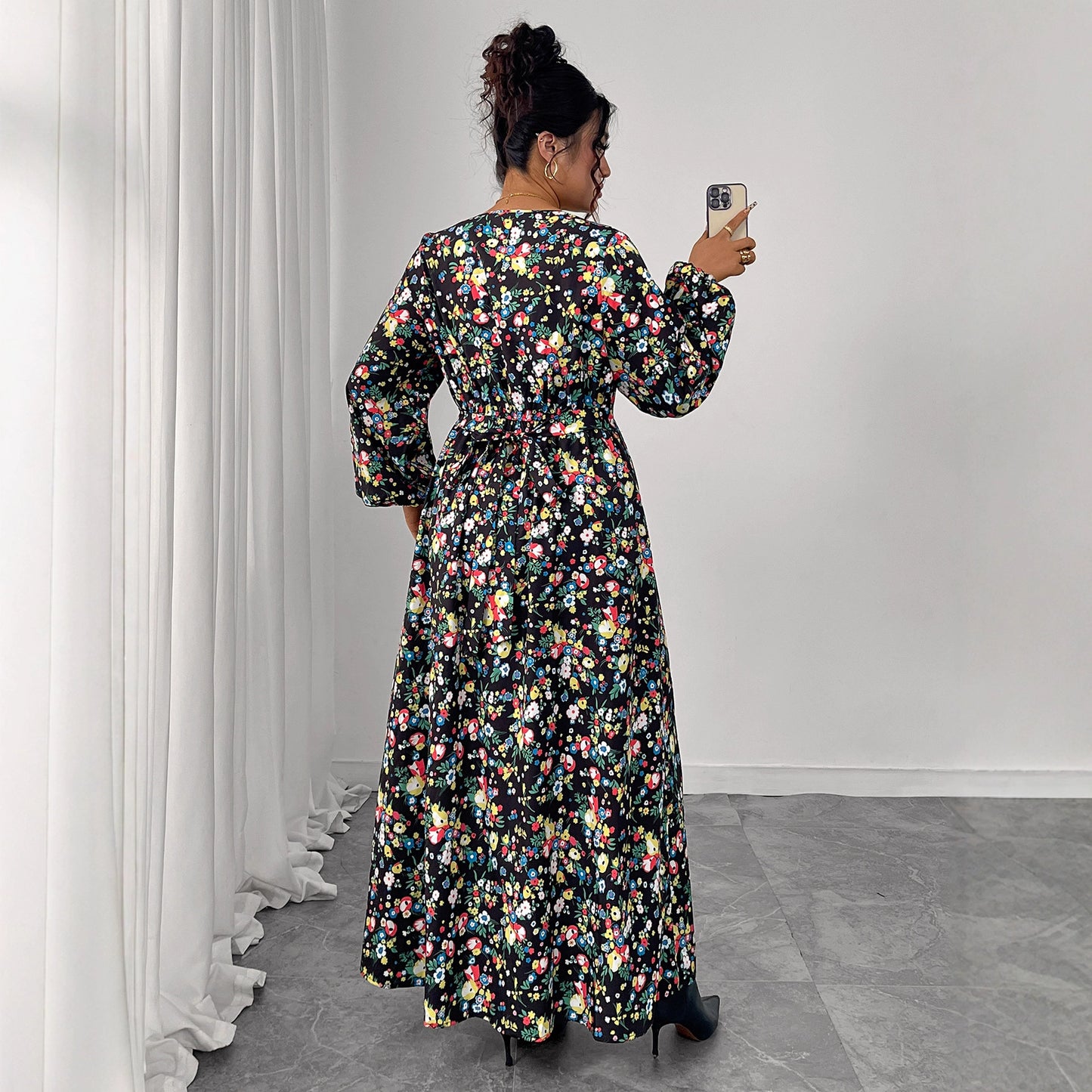 Printed V-Neck High-Waist Loose Maxi Dress