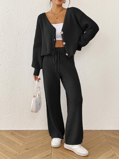 Solid Color Women'S Cardigan Set With Loose-Fit Trousers