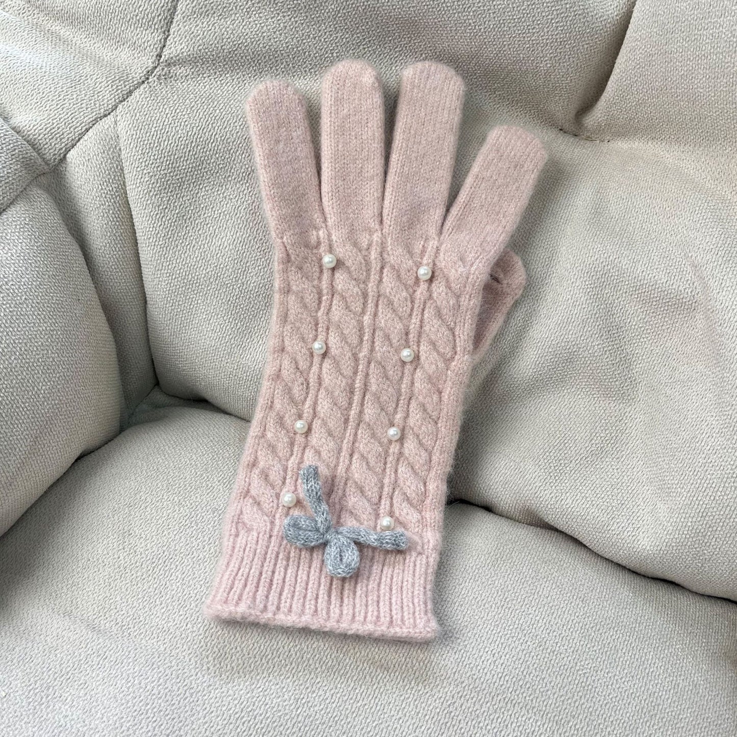 Solid Color Bow Knot Wool Winter Gloves