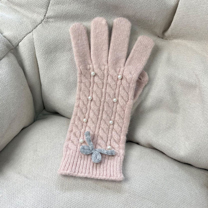 Solid Color Bow Knot Wool Winter Gloves