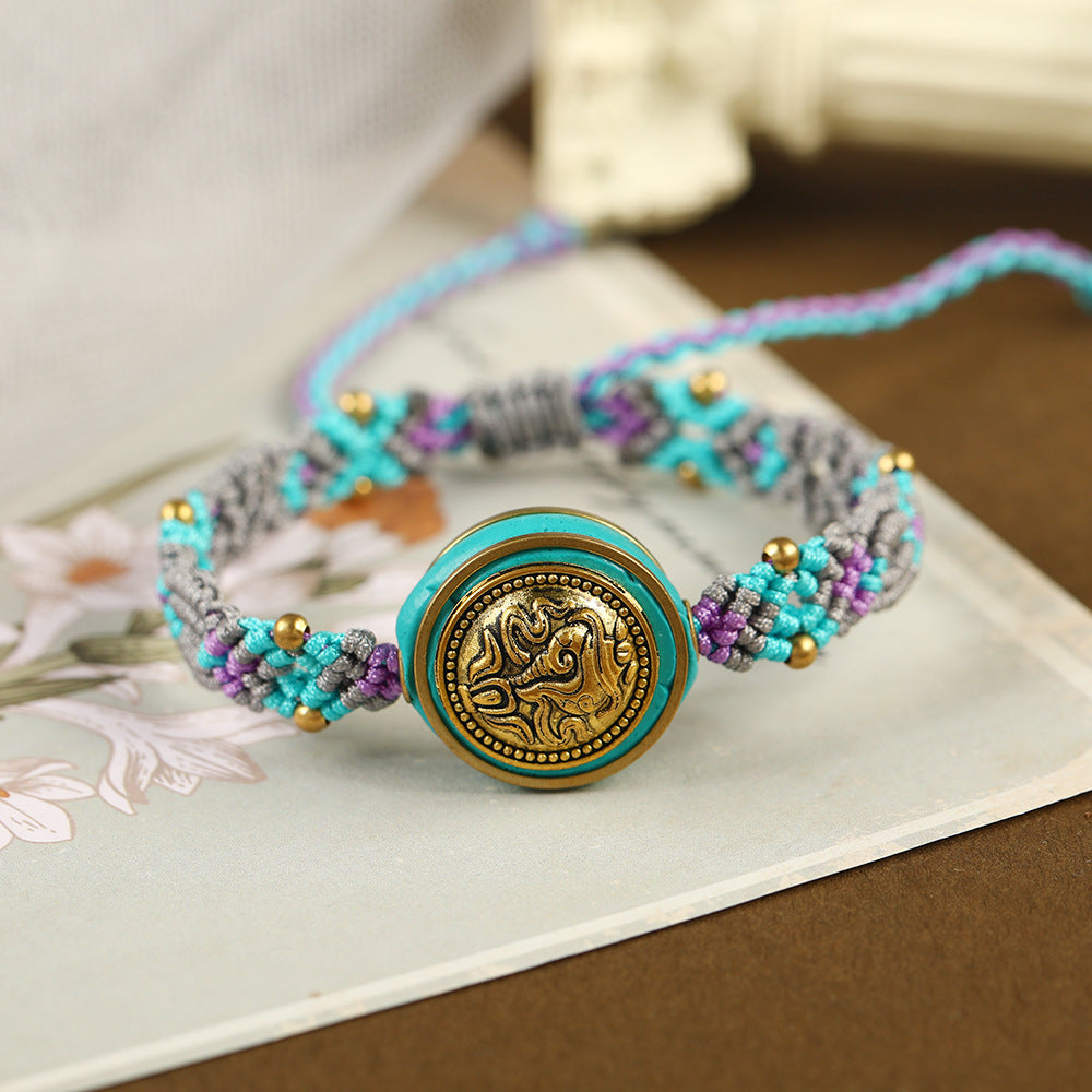 Tibetan Ethnic Style Nepalese Beads Hand String Retro Diagonal Knot Colorful Rope Pure Hand Woven Bracelet